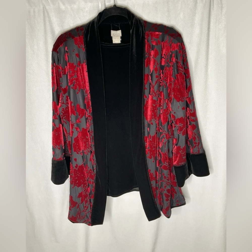 Chico's Travelers Size 2 Large 12/14 Open Velvet Floral Kimono Jacket Red Black